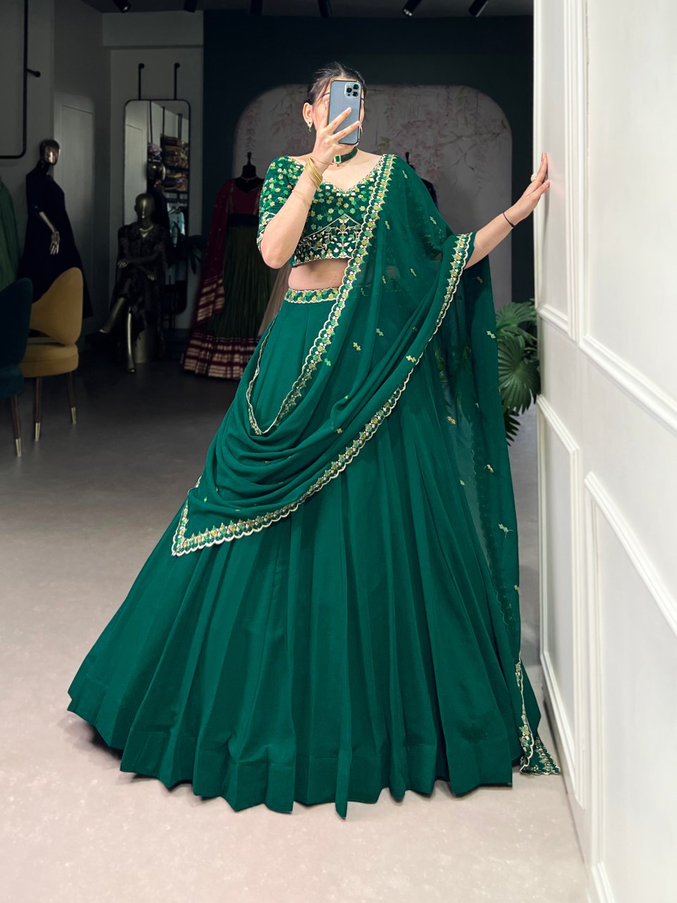 Emerald green georgette thread embroidery work lehenga choli