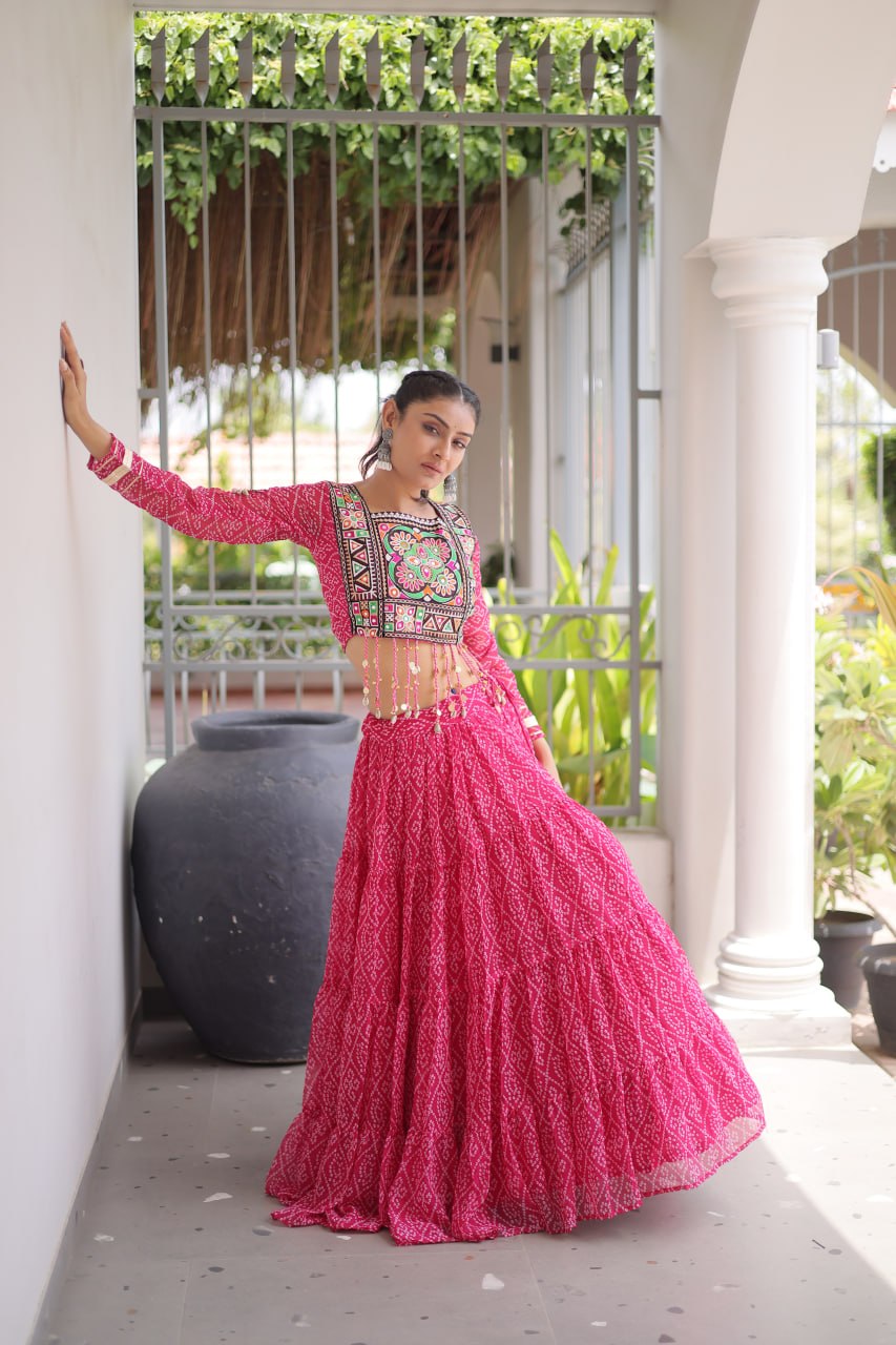 Anjali Pink Faux Georgette Bandhani Kutchi Patchework Lehenga