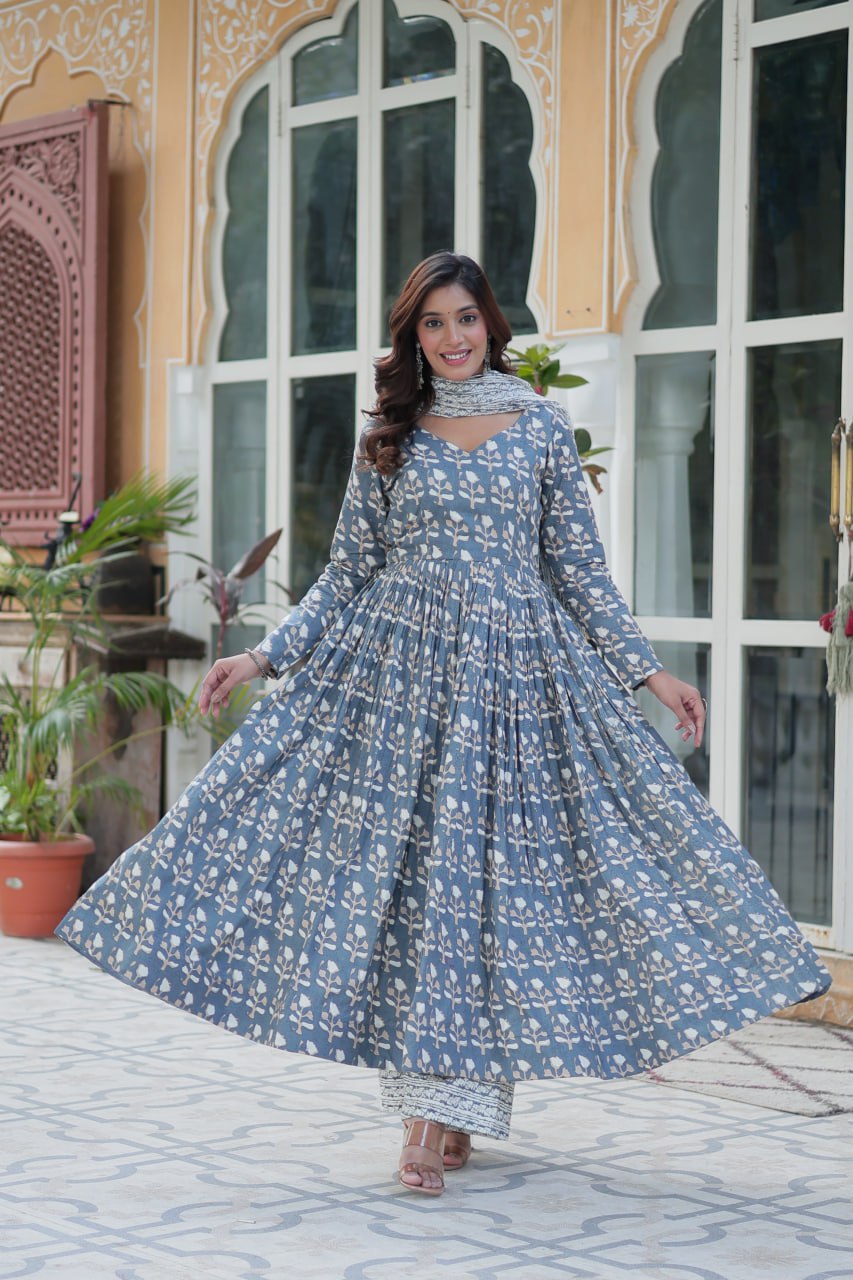 Ridhvini Blue Pure Cotton Printed Anarkali Set