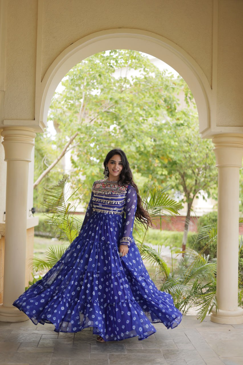 Lavanya Blue Faux Georgette Bandhani Kutchi Patchwork Gown