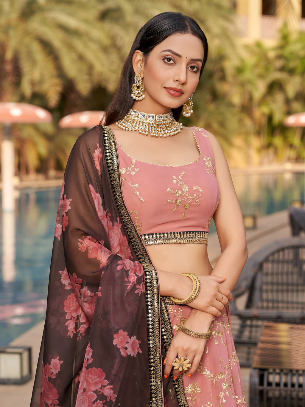 Navya Dusty Pink Color Embroidered Lehenga Choli with Floral Dupatta
