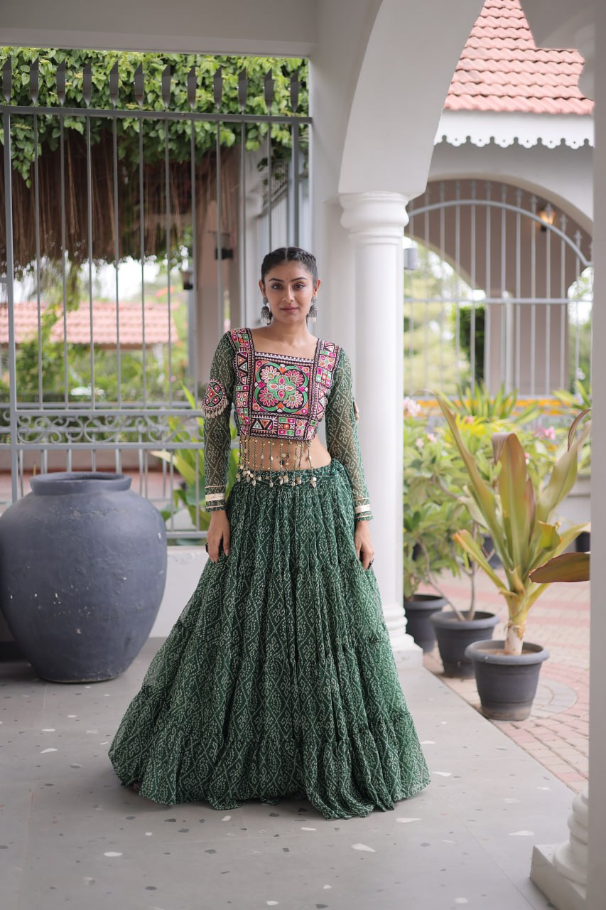 Anjali Green Faux Georgette Bandhani Kutchi Patchework Lehenga
