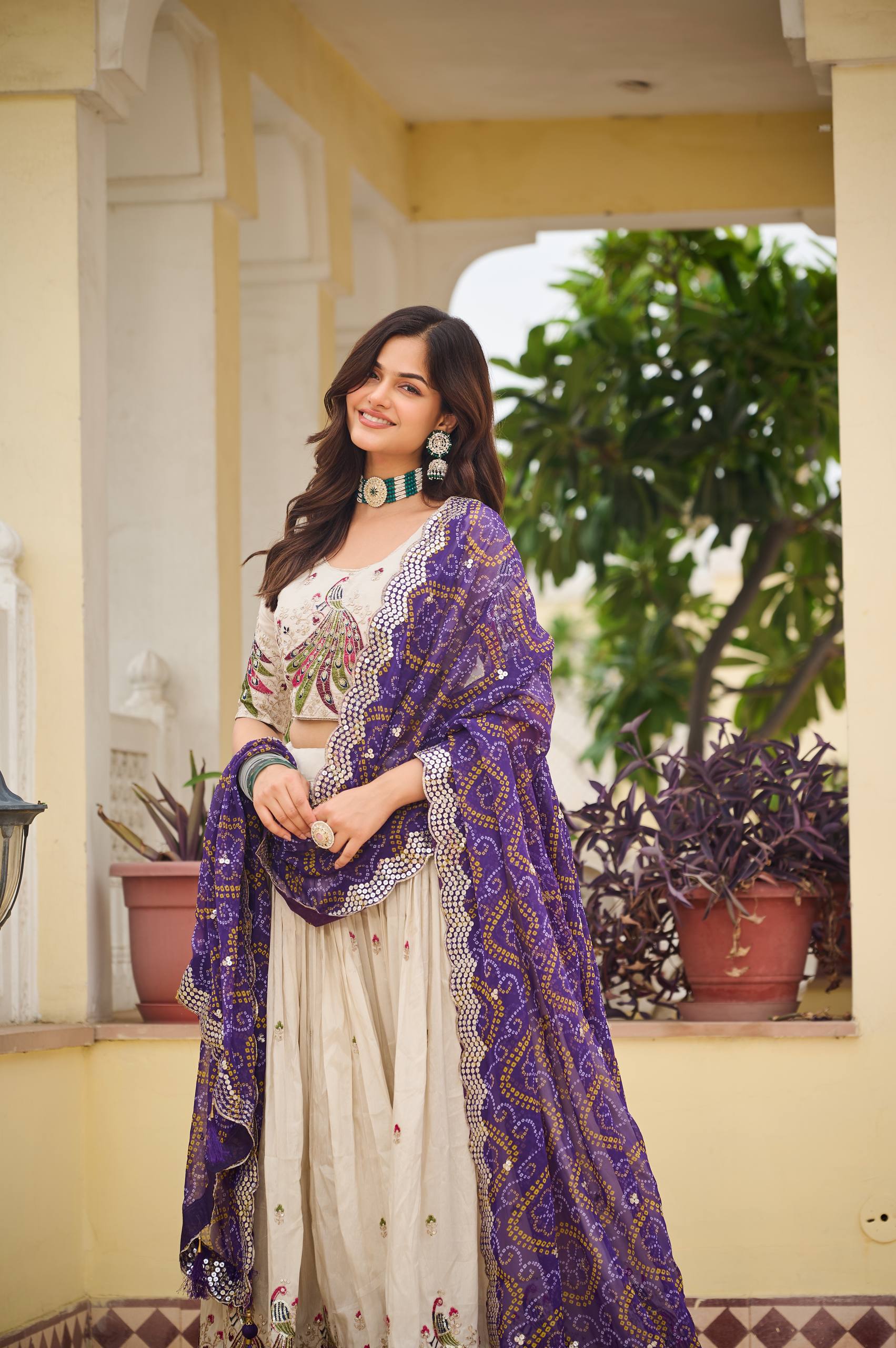 Amla Off-White Tissue Silk Sequins Thread Work Lehenga Choli with Purple Bandhej Dupatta