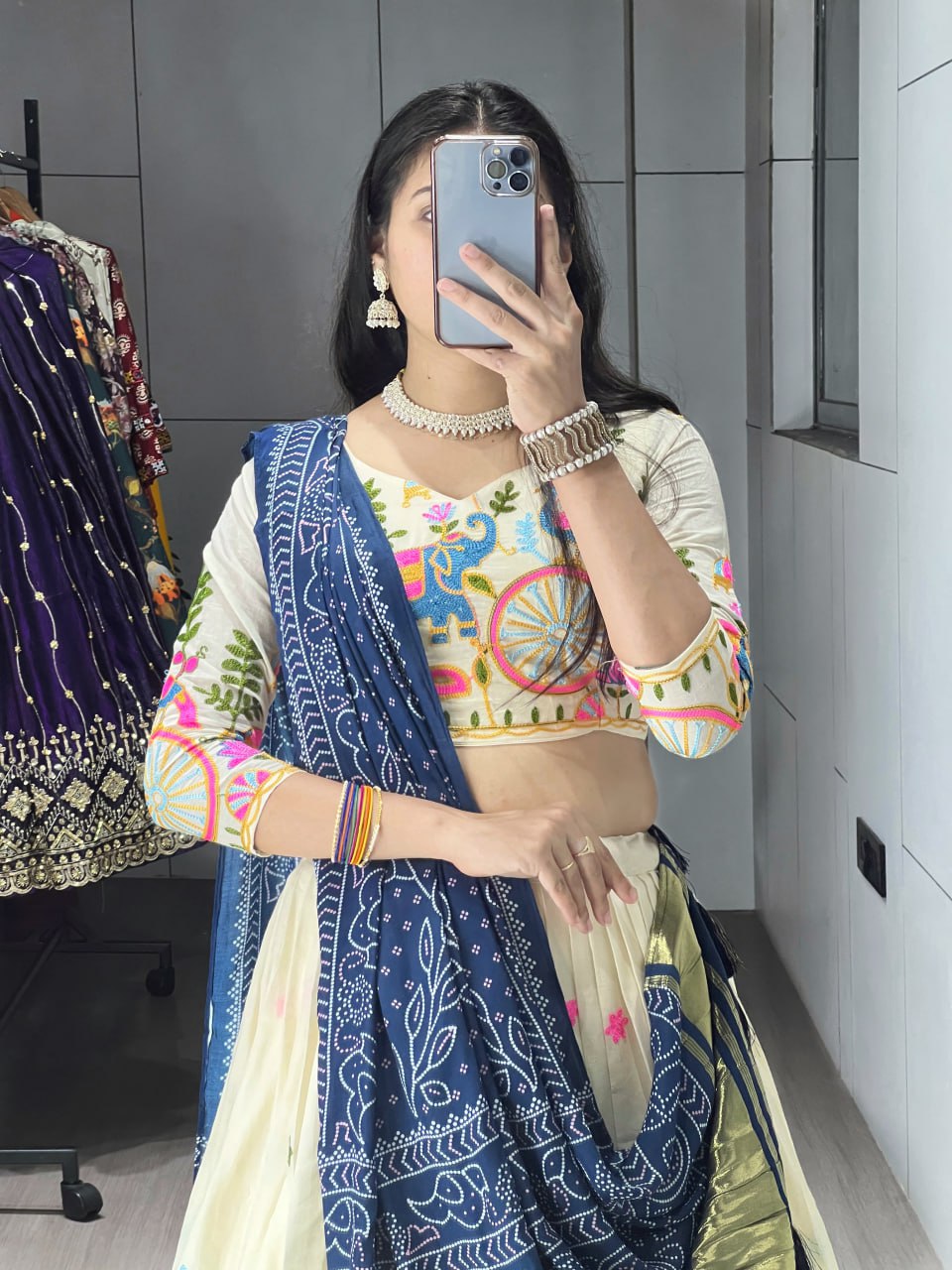 Off-White Cotton Embroidered Lehenga with Navy Blue Color Gaji Silk Dupatta