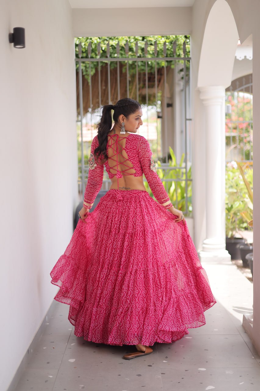 Anjali Pink Faux Georgette Bandhani Kutchi Patchework Lehenga