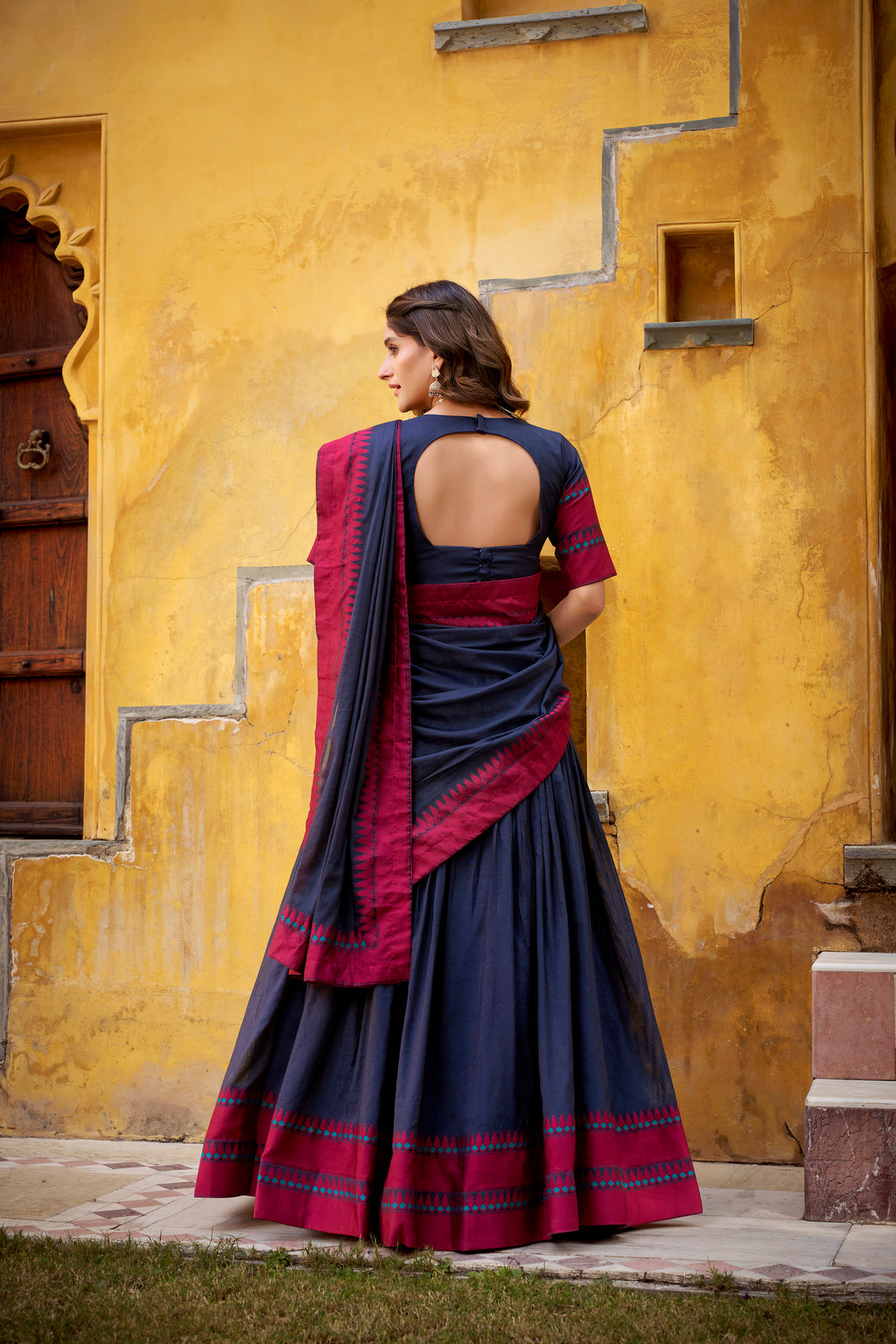Swastika navy blue pure Chanderi thread work half saree lehenga