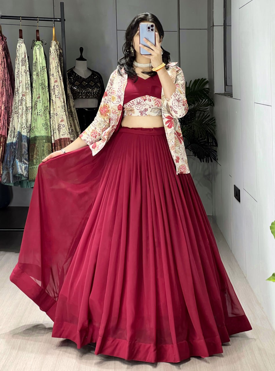 Alka Maroon Color Georgette Foil Printed Lehenga Choli with Koti