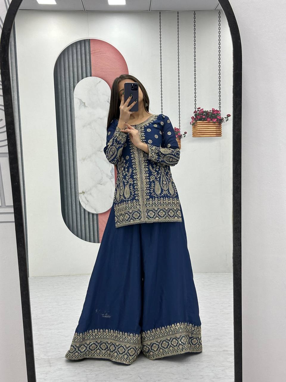 Enya Blue Color Chinon Embroidery Thread Sequence Work Kurti Palazzo Set