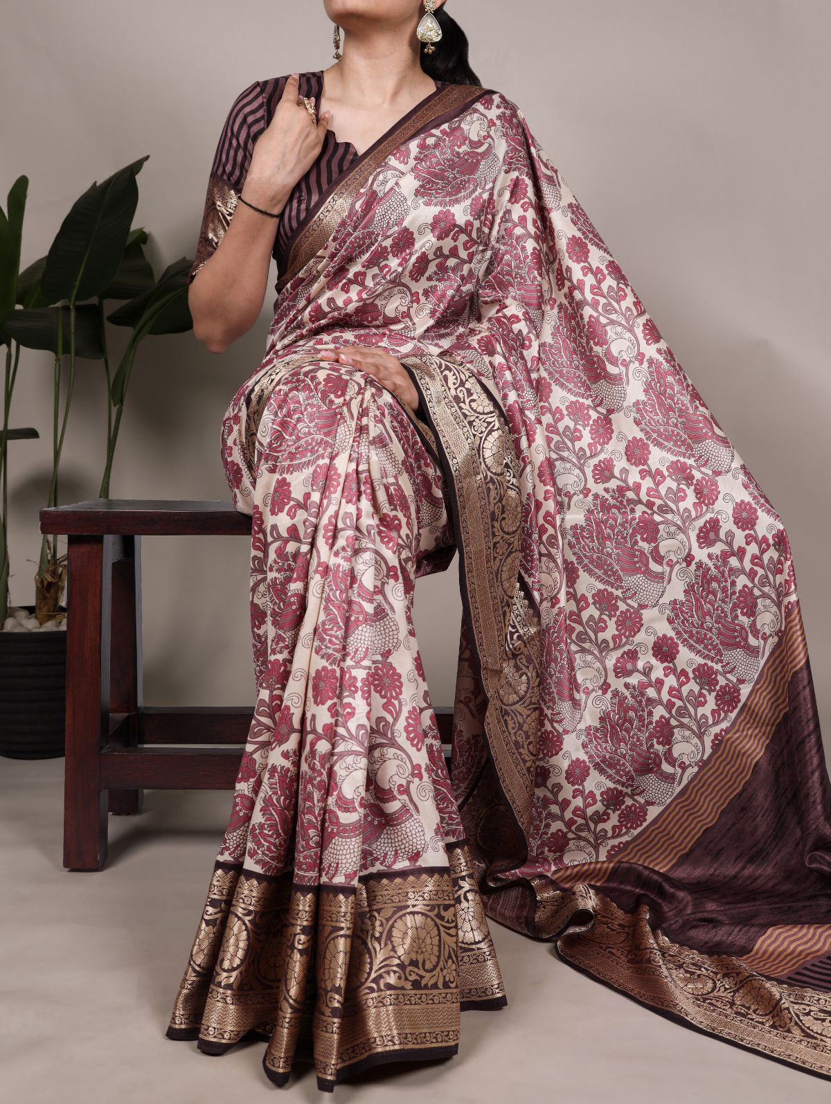 Pink Color Tasar Silk Printed Saree with Viscose Border and Blouse