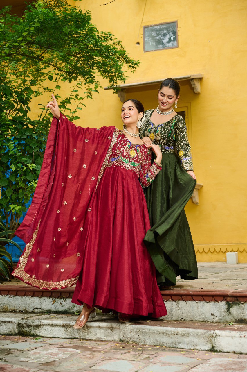 Maroon Vichitra Silk Multi Thread Zari Embroidery Gown with Dupatta