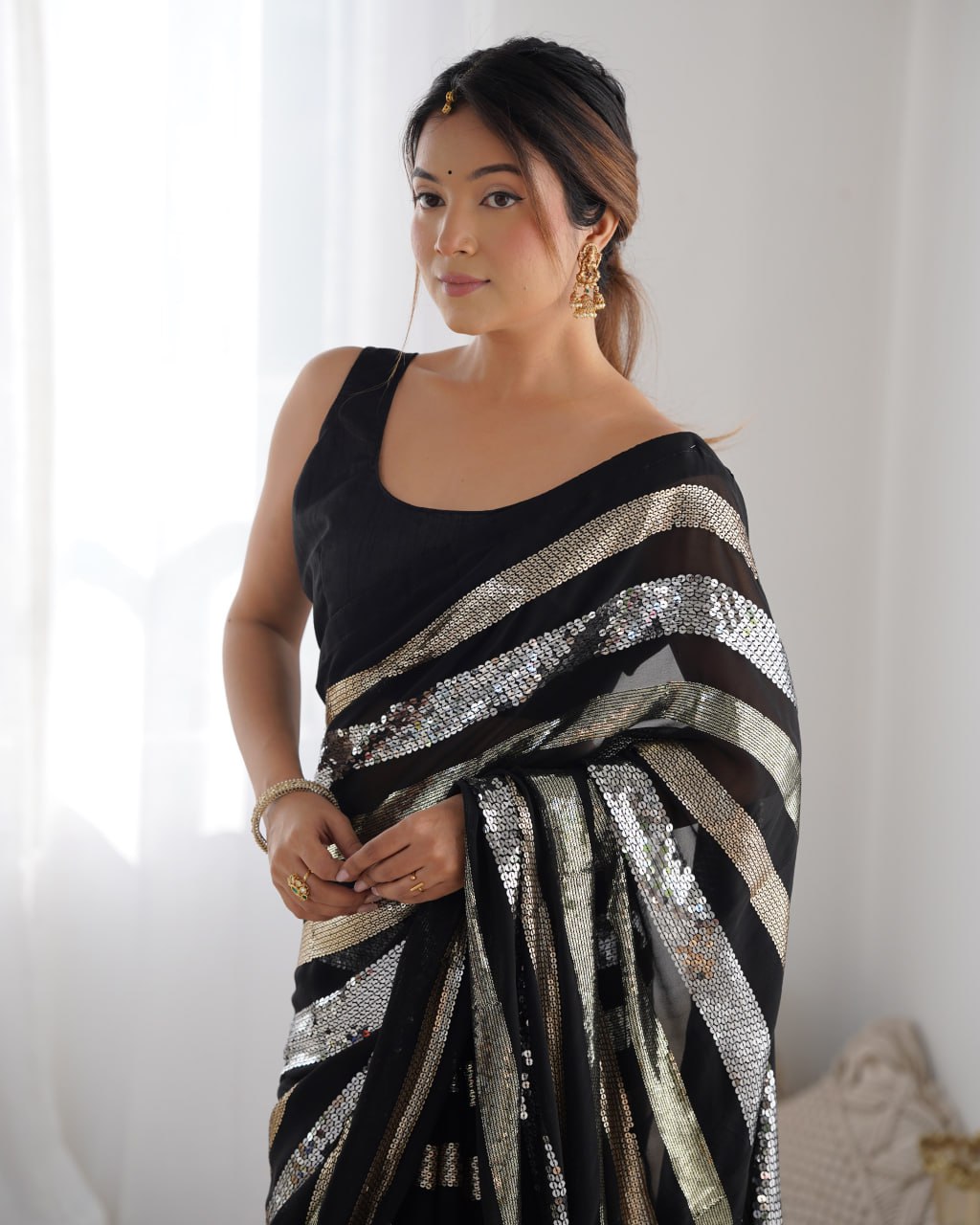 Kira Black Sequin Embroidery Georgette Saree