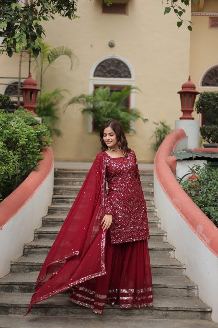 Lavya Maroon Georgette Embroidered Kurti Sharara Set