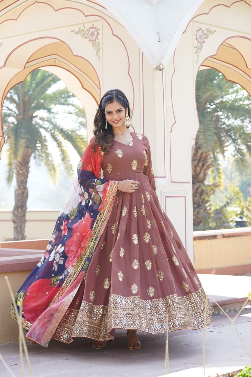 Padmini georgette brown embroidery anarkali gown set