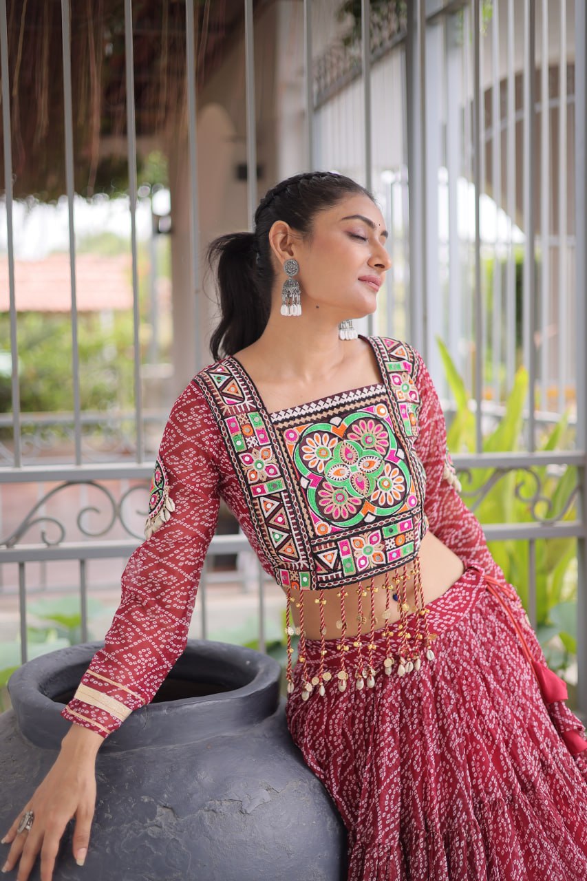 Anjali Brown Faux Georgette Bandhani Kutchi Patchework Lehenga