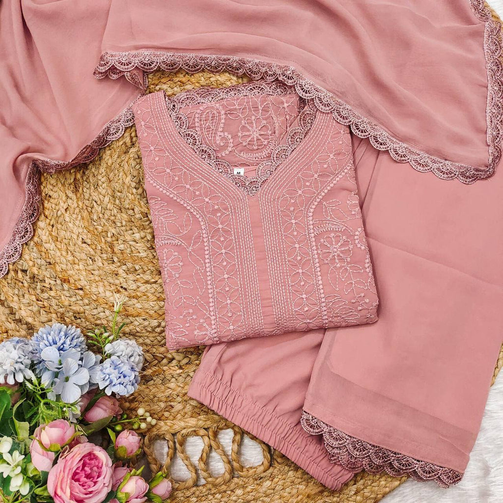 Ramani Peach Georgette Chikankari Embroidery Kurti Set