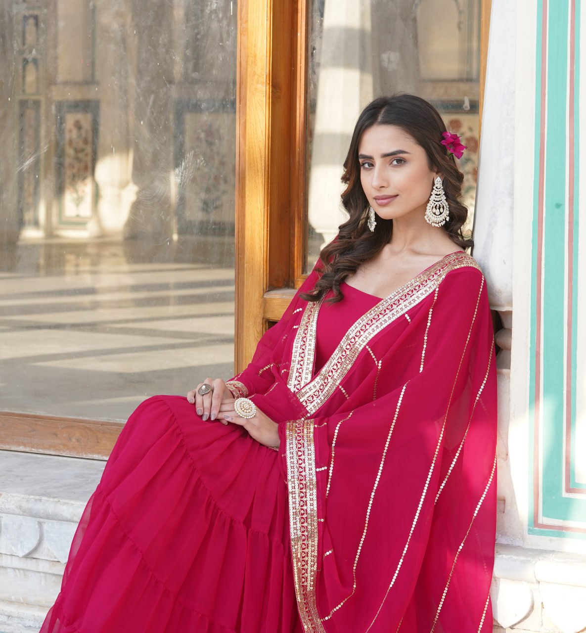 Dakshayani red georgette anarkali gown set