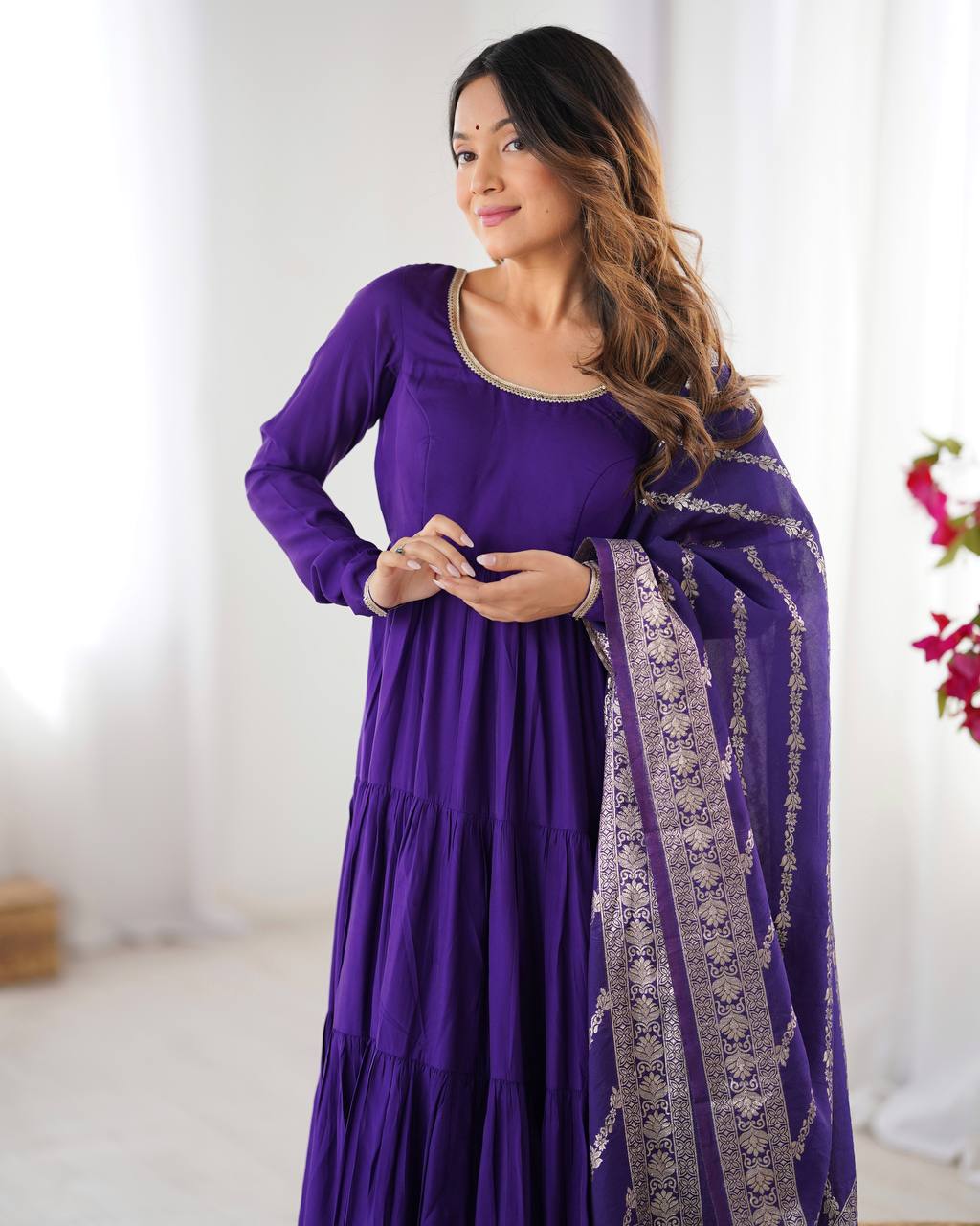 Ashika Roman Silk Flared Purple Anarkali Suit