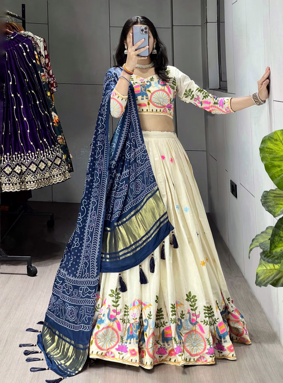 Off-White Cotton Embroidered Lehenga with Navy Blue Color Gaji Silk Dupatta