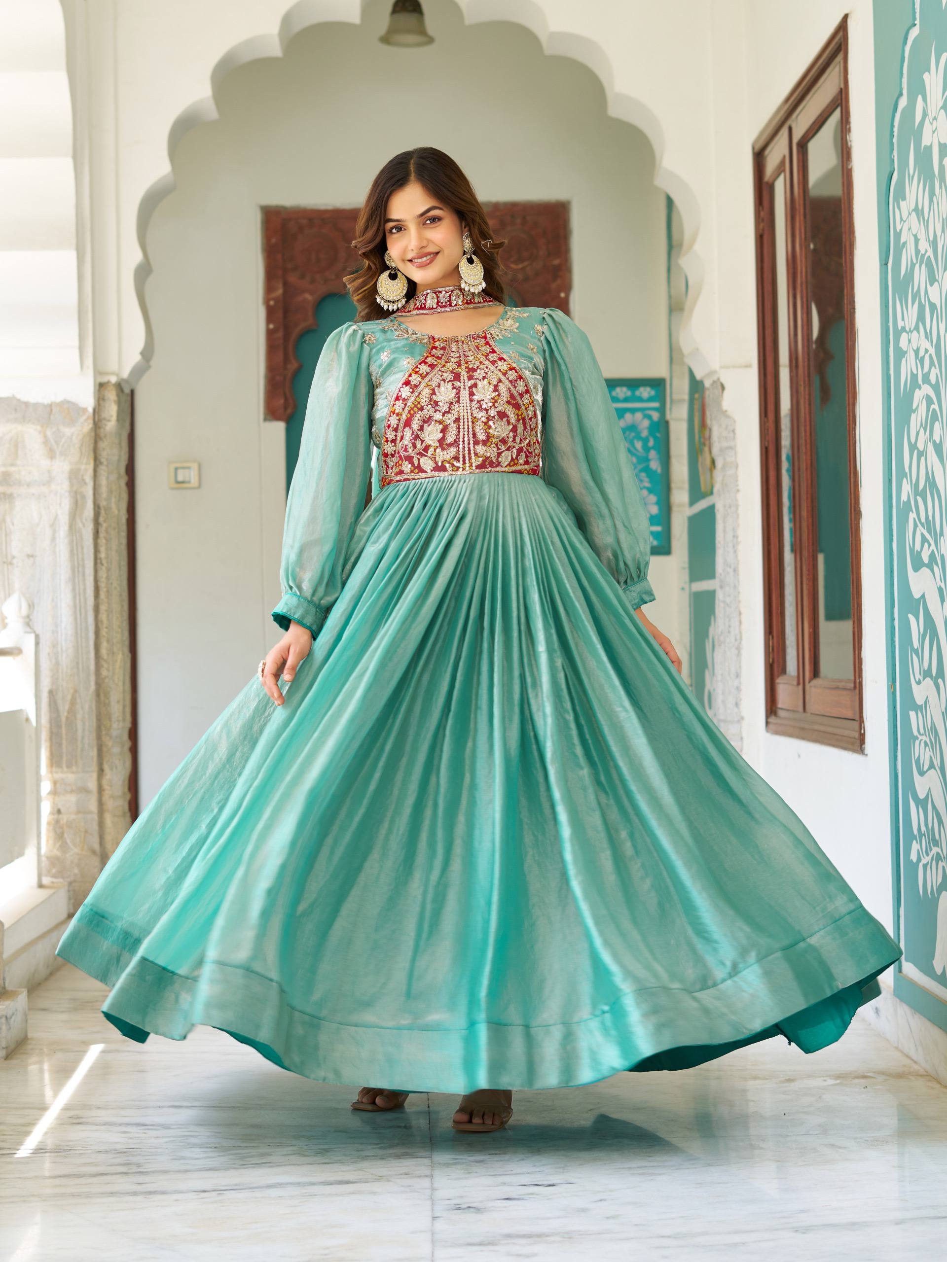 Ritu Sea Green Fendy Silk Sequins Thread Embroidery Work Gown with Dupatta