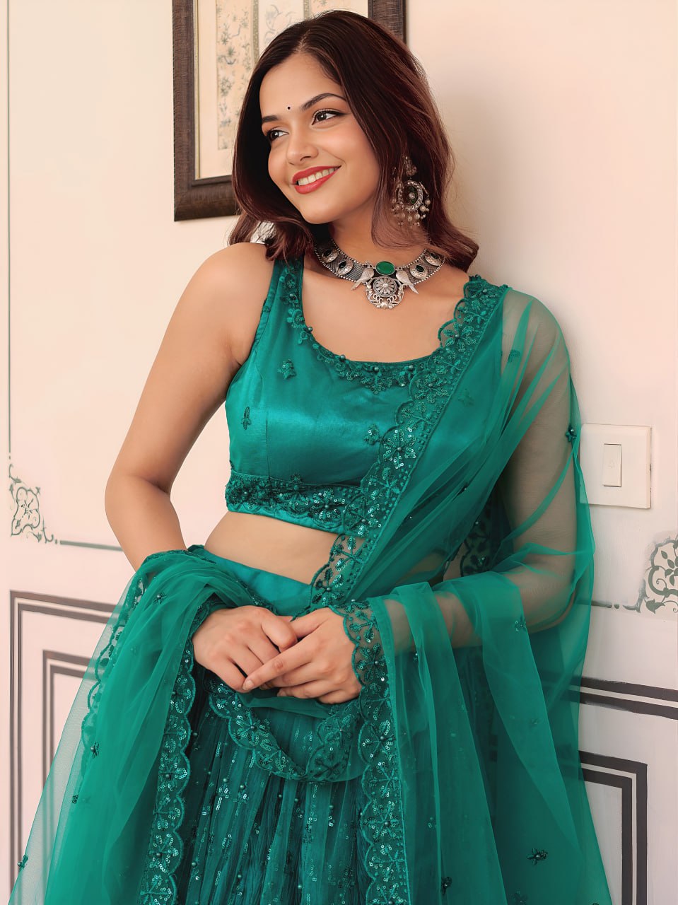 Teal green soft net thread sequins pearl embroidery lehenga choli