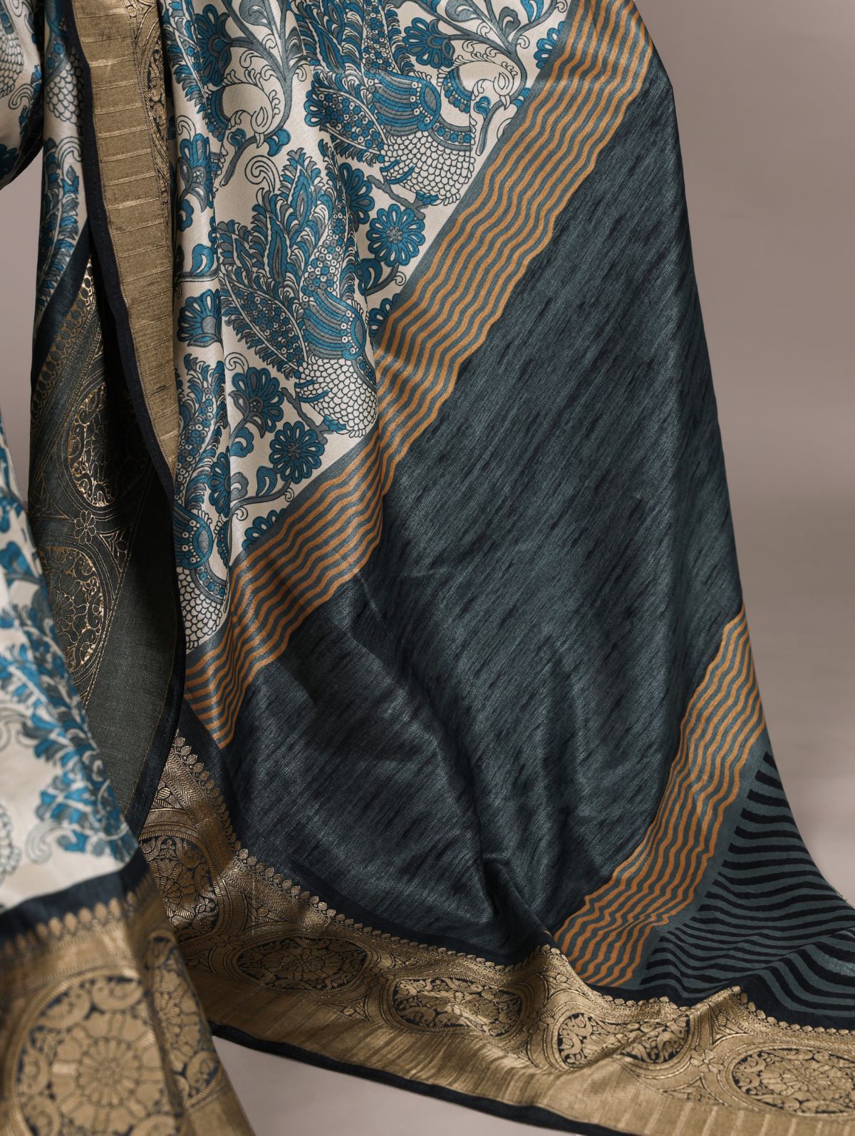 Teal Blue Color Tasar Silk Printed Saree with Viscose Border and Blouse