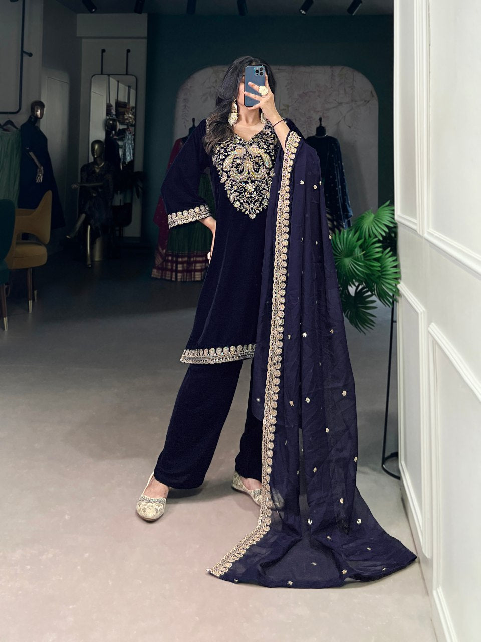 Velvet kurta set for women, navy blue embroidered suit, party wear kurti with dupatta, winter ethnic wear for weddings, Trinaari premium collection.