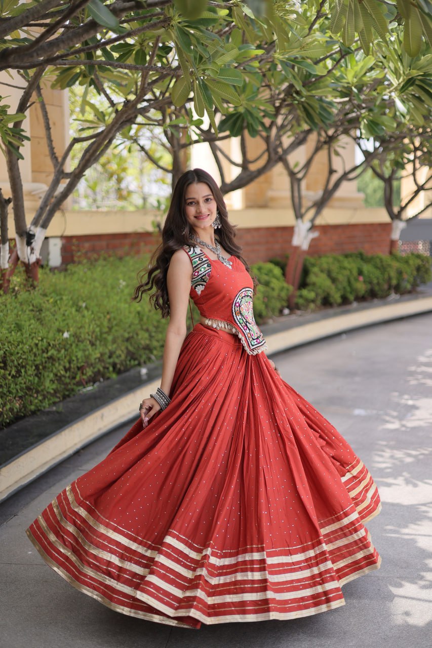 Yashvi Orange Reyon Mukesh Patti Lace Lehenga Choli