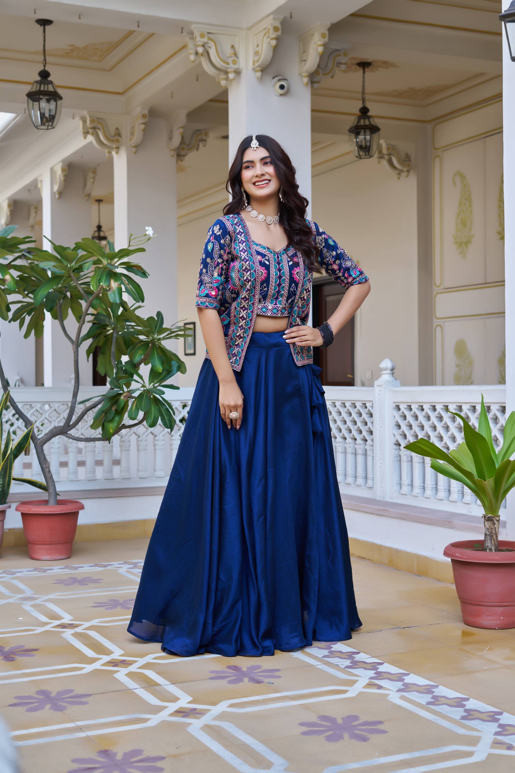 Devisha Blue Color Vichitra Silk Lehenga Choli with Embroidery Koti