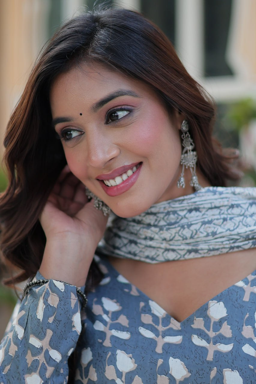 Ridhvini Blue Pure Cotton Printed Anarkali Set