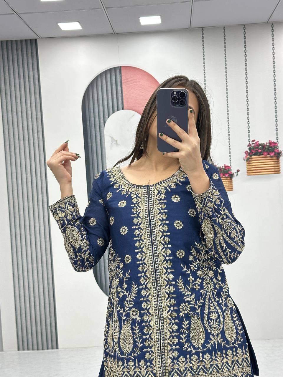 Enya Blue Color Chinon Embroidery Thread Sequence Work Kurti Palazzo Set