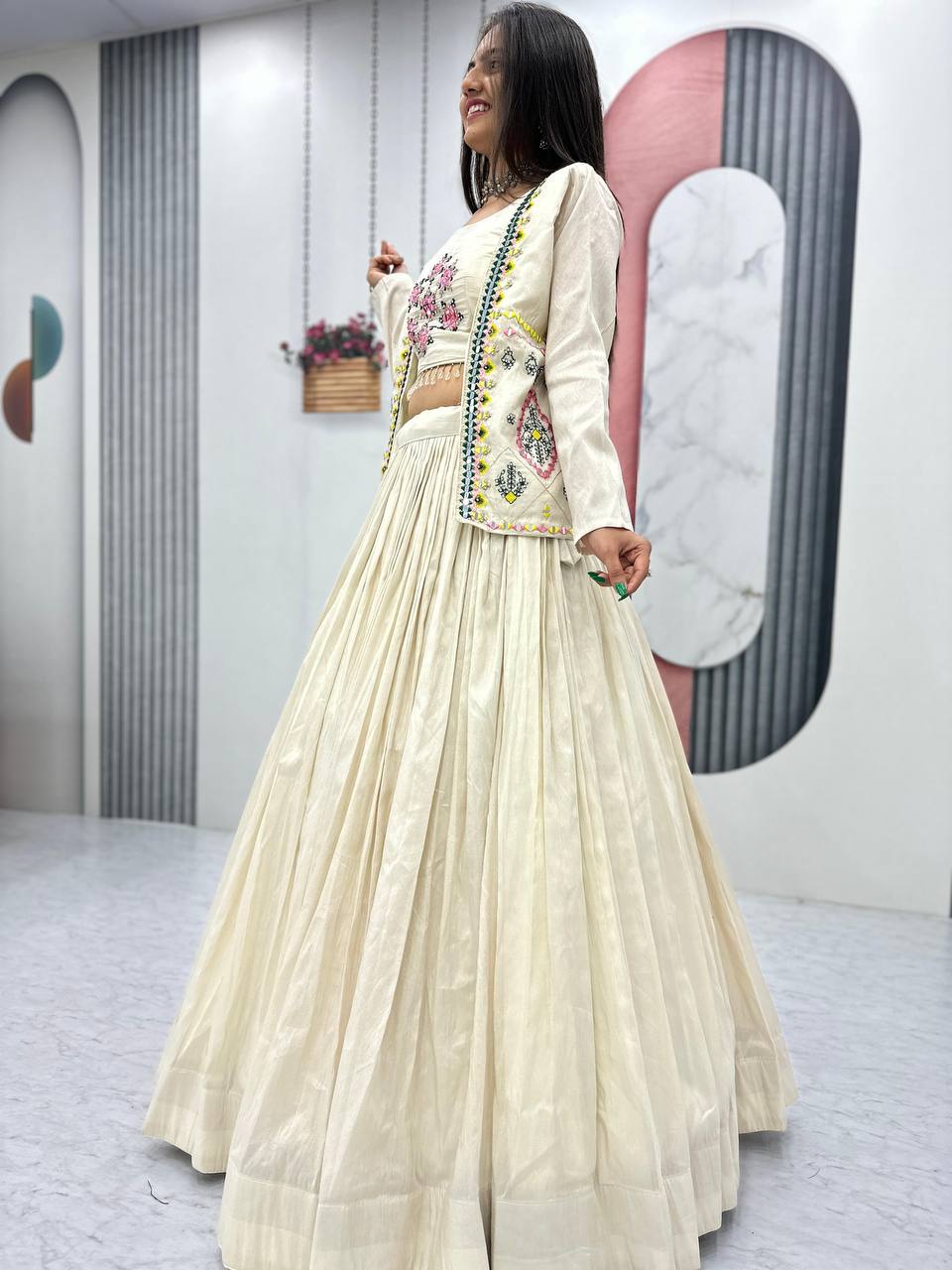 Off-White Tissue Shimmer Handwork Real Diamond Work Lehenga Choli with Jacket