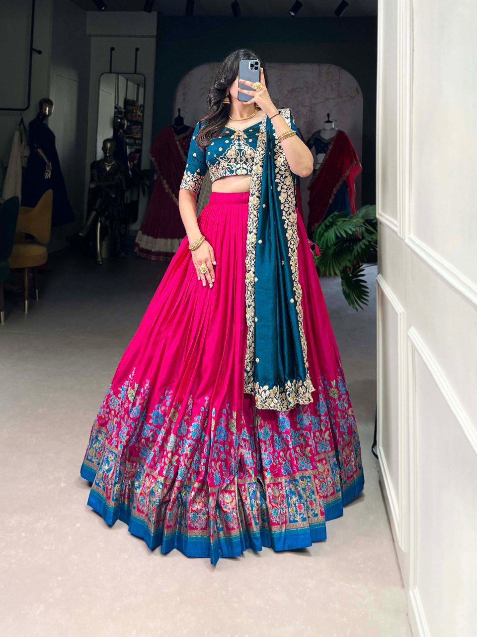Pink Tussar Silk Lehenga with Foil Print and Embroidered Dupatta