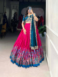Pink Tussar Silk Lehenga with Foil Print and Embroidered Dupatta