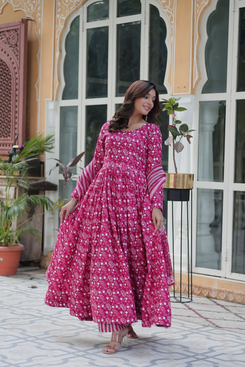 Mahi Pink Pure Cotton Anarkali Set with Dupatta