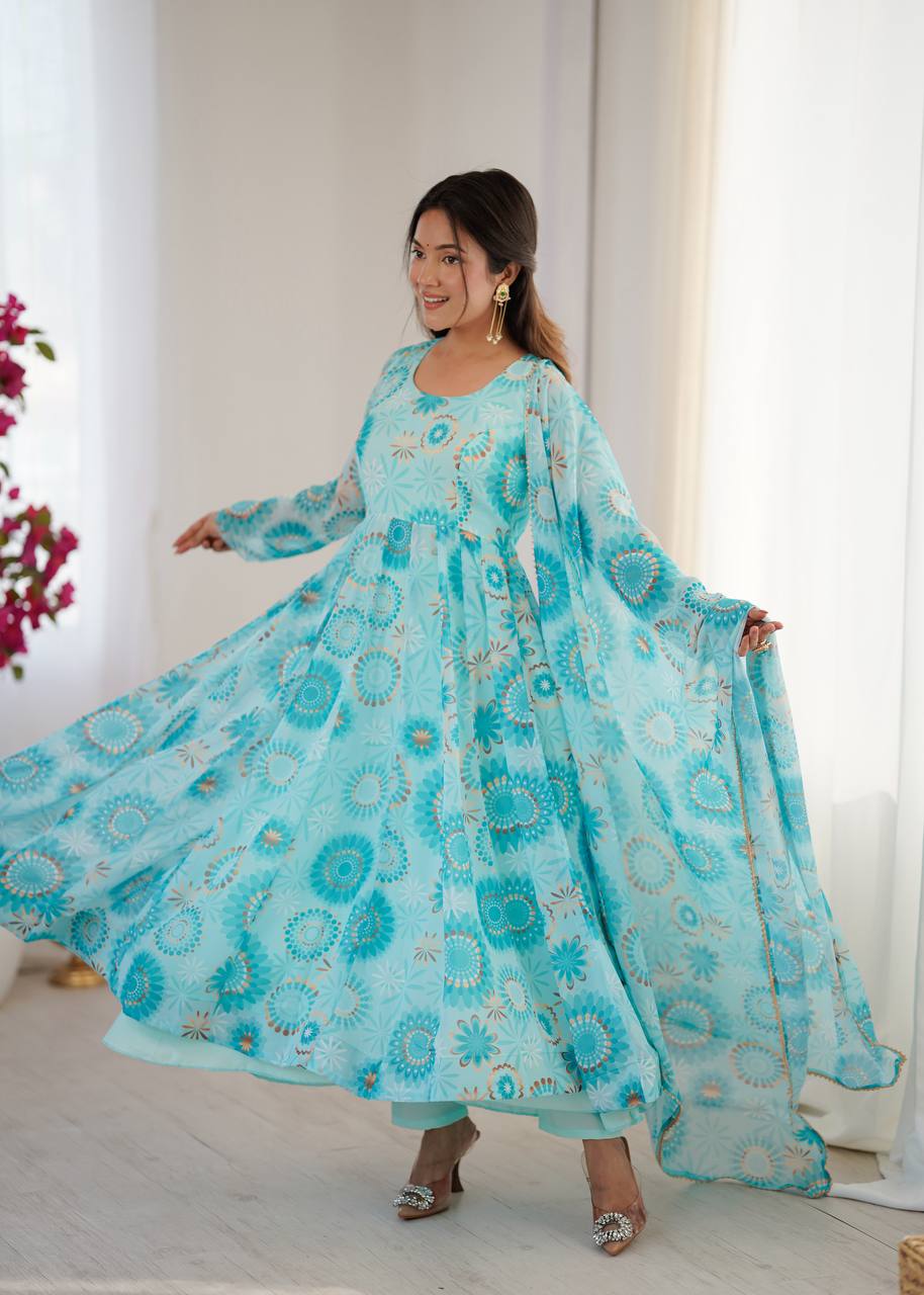 Sky Blue Fox Georgette Floral Print Anarkali Suit Set