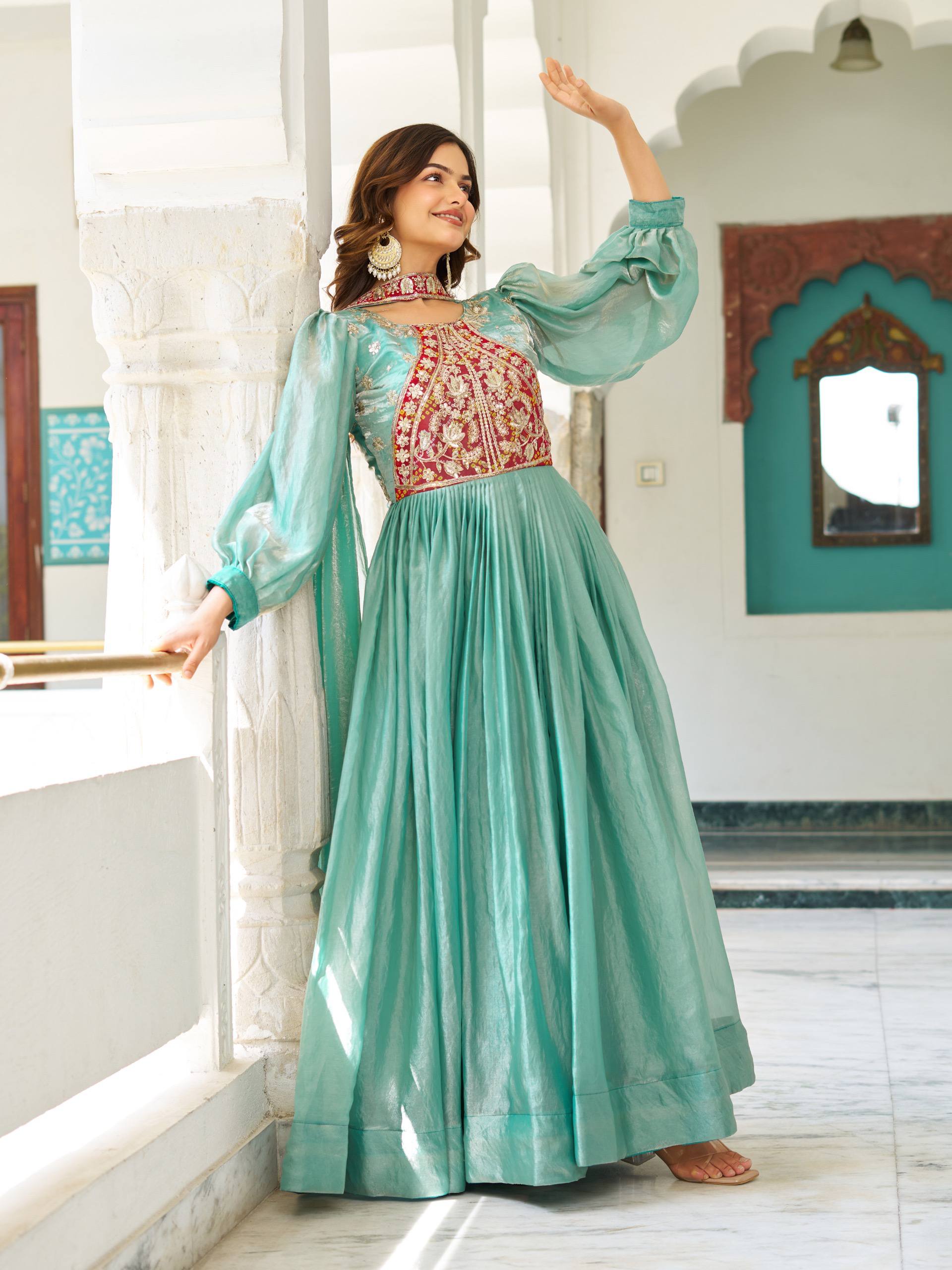 Ritu Sea Green Fendy Silk Sequins Thread Embroidery Work Gown with Dupatta
