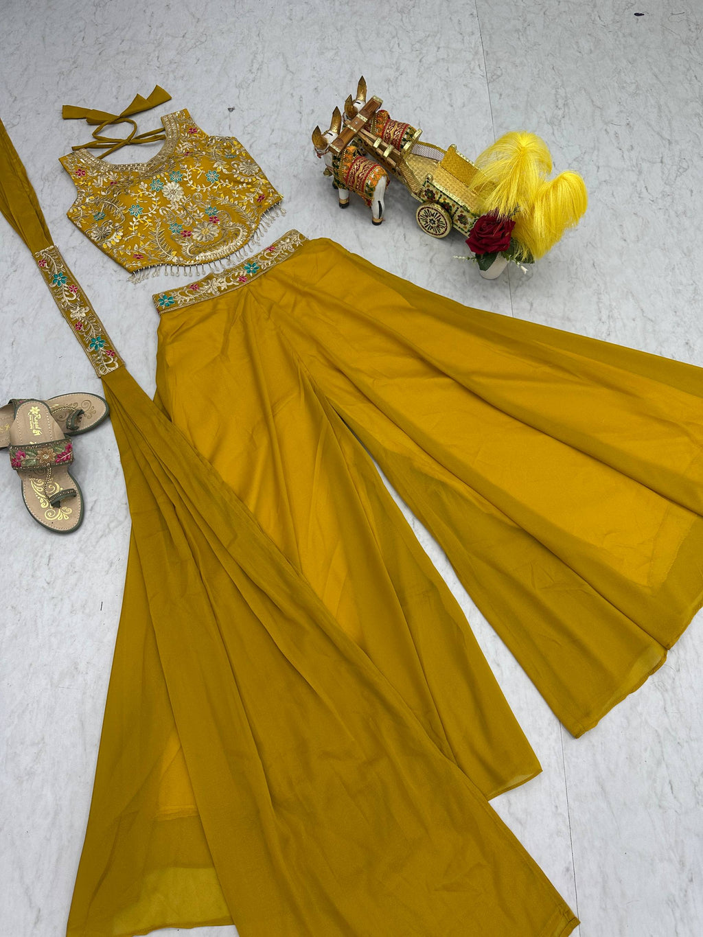 Stuti Mustard Yellow Star Georgette Sequins Thread Embroidery Work Top Palazzo Set