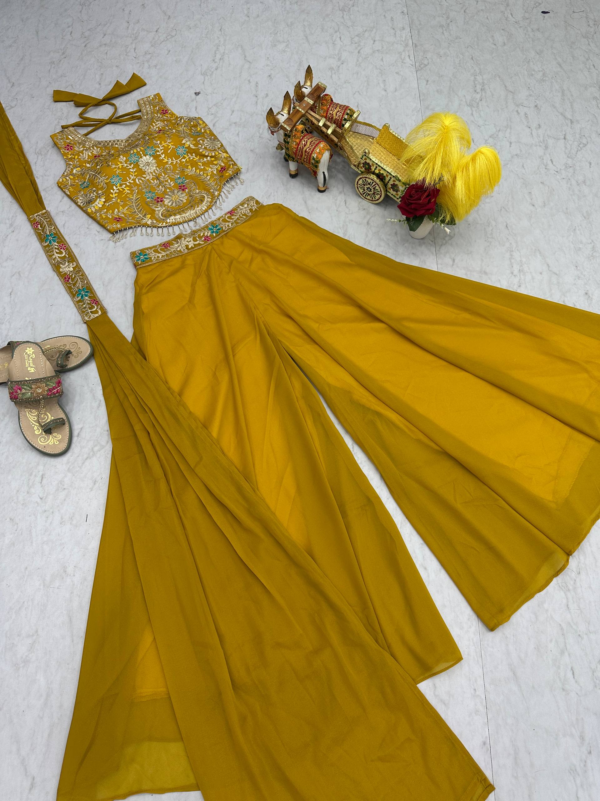Stuti Mustard Yellow Star Georgette Sequins Thread Embroidery Work Top Palazzo Set