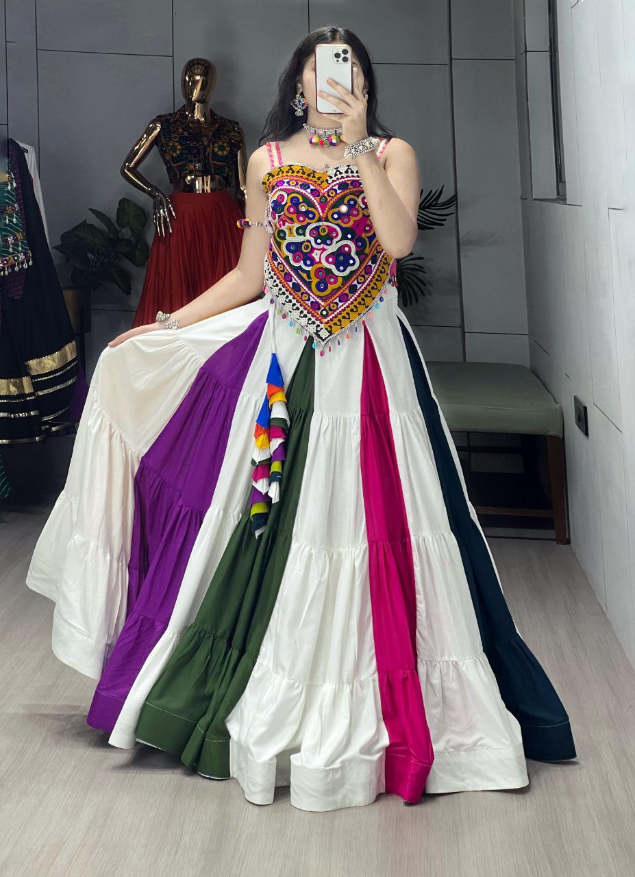 Multicolor Rayon Cotton Frill Kutchi Mirror Work Lehenga with Blouse