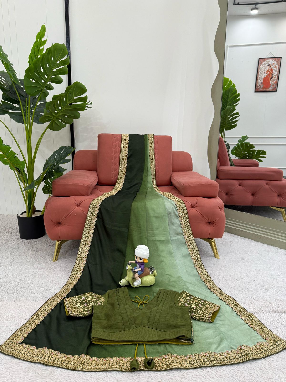 Shanvika pista green pure Chinon silk saree with delicate thread embroidery and sequin lace border, paired with unstitched Mono Benglori embroidered blouse fabric – perfect for weddings, festive celebrations, and party wear 