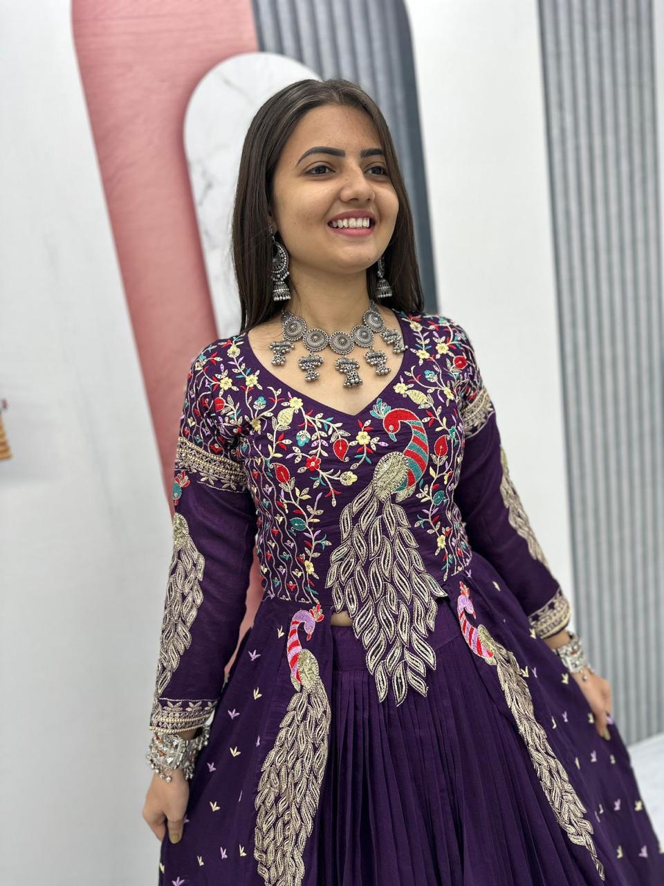 Mani purple Vichitra silk crop top peacock design lehenga with embroidered shrug