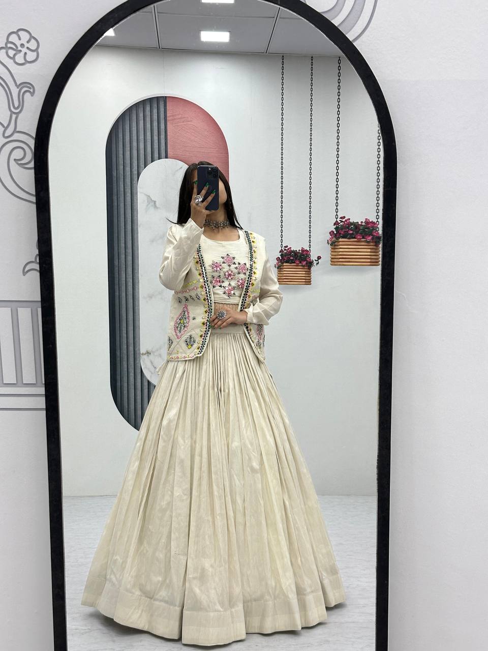 Off-White Tissue Shimmer Handwork Real Diamond Work Lehenga Choli with Jacket