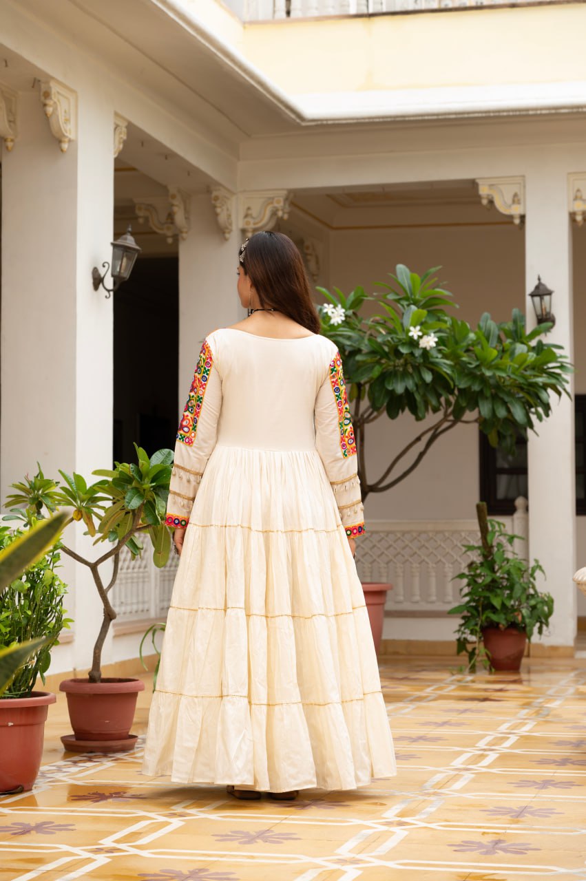 Off-White Kora Cotton Kutchi Gamthi Mirror Work and Kodi Lace Gown