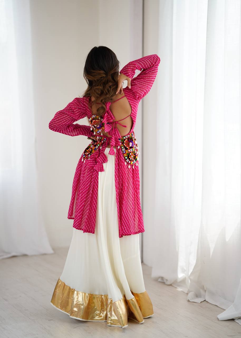 Pink Georgette Top with Digital Print and Thread Work Butter Silk Gota Patti Work Lehenga