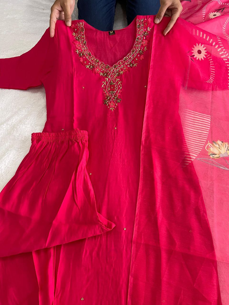 Srija Pink Roman Silk Embroidered Kurti Set with Dupatta