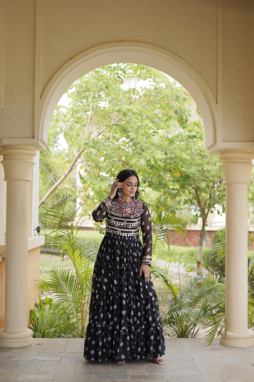 Lavanya Black Faux Georgette Bandhani Kutchi Patchwork Gown