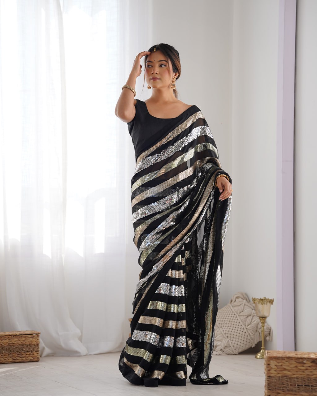 Kira Black Sequin Embroidery Georgette Saree