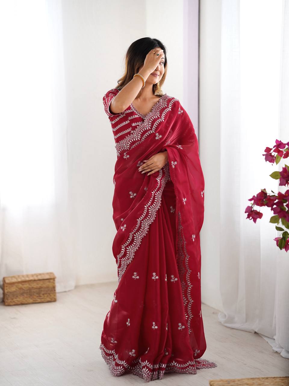 Vikatya red Jimmy Choo fabric saree with thread & sequin embroidery, unstitched blouse—perfect for weddings, parties & festive wear.