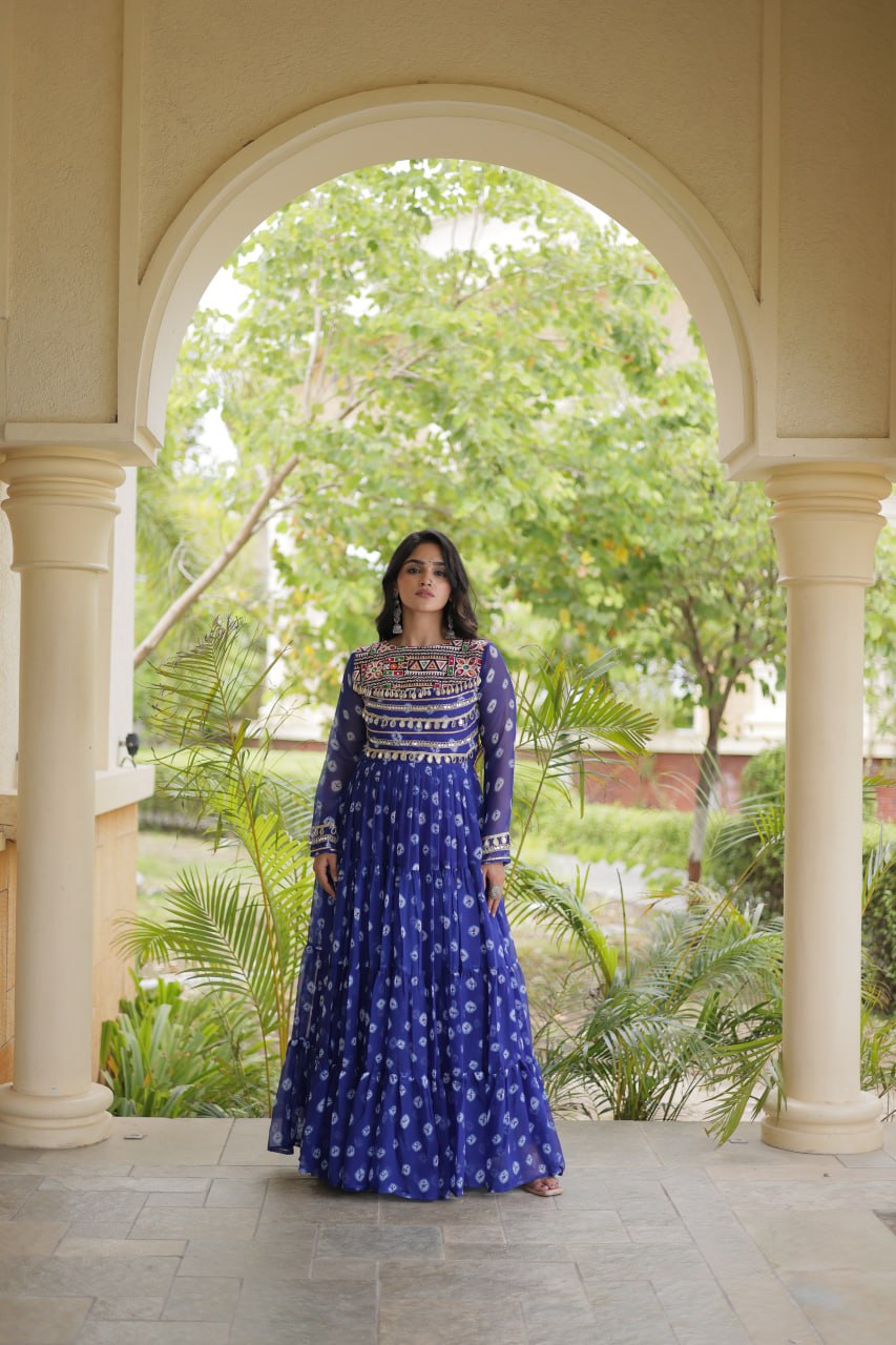 Lavanya Blue Faux Georgette Bandhani Kutchi Patchwork Gown