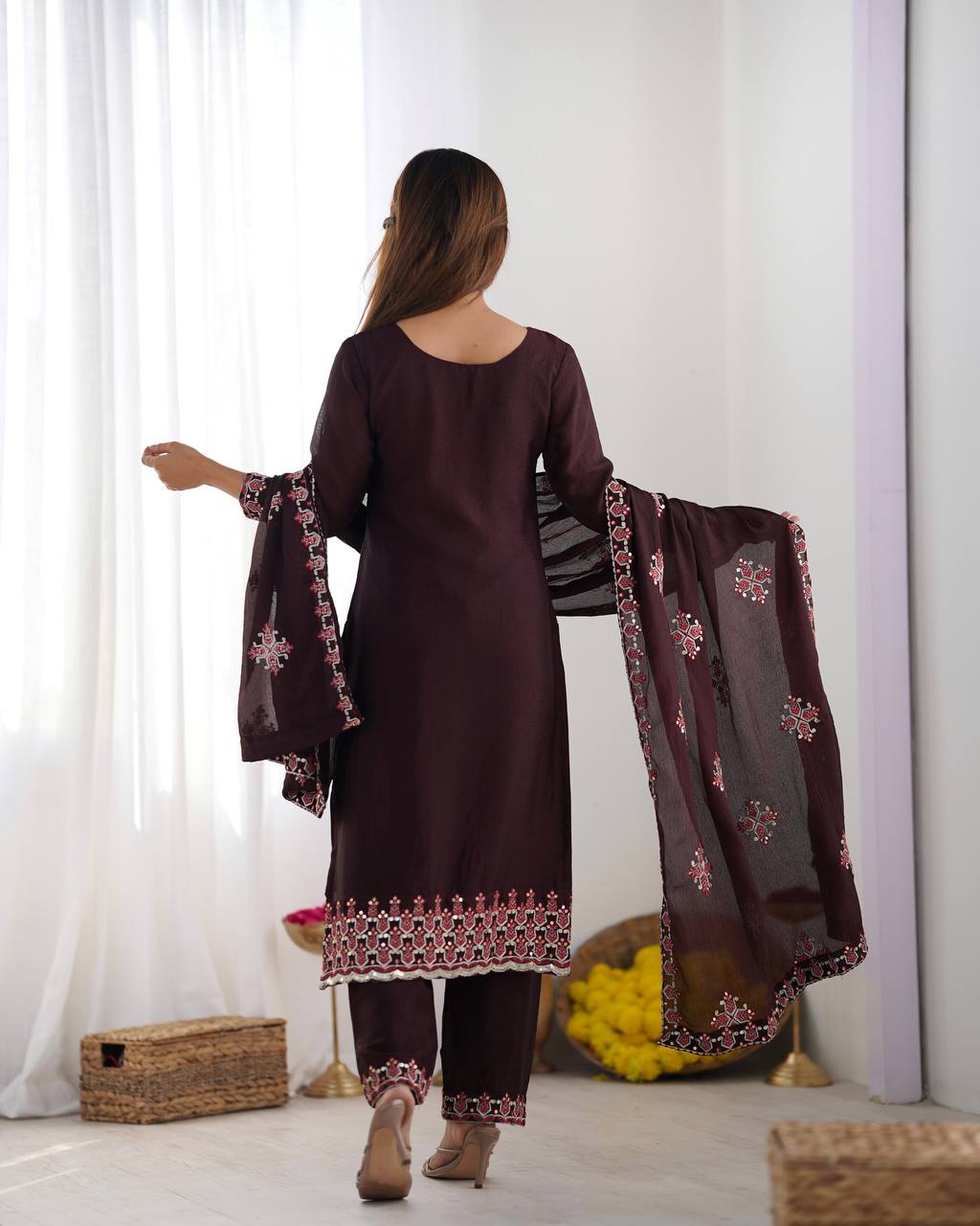 Anvitha Brown Chinon Silk Kurti Set with 5mm sequin embroidery, lace detailing & dupatta – festive ethnic wear for women.